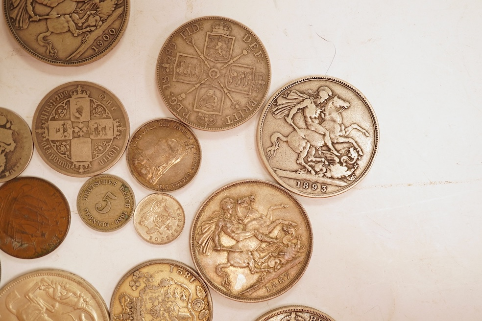 British coins, including silver crowns, George III, Victoria, George V, Victoria double florins, etc.